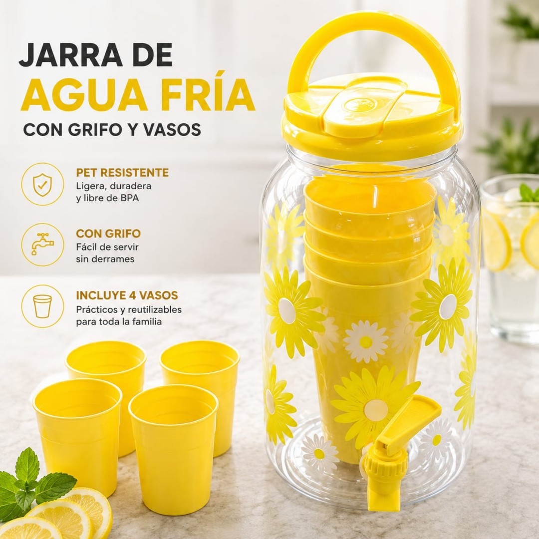 DISPENSADOR DE BEBIDAS CON 4 VASOS AMARILLO