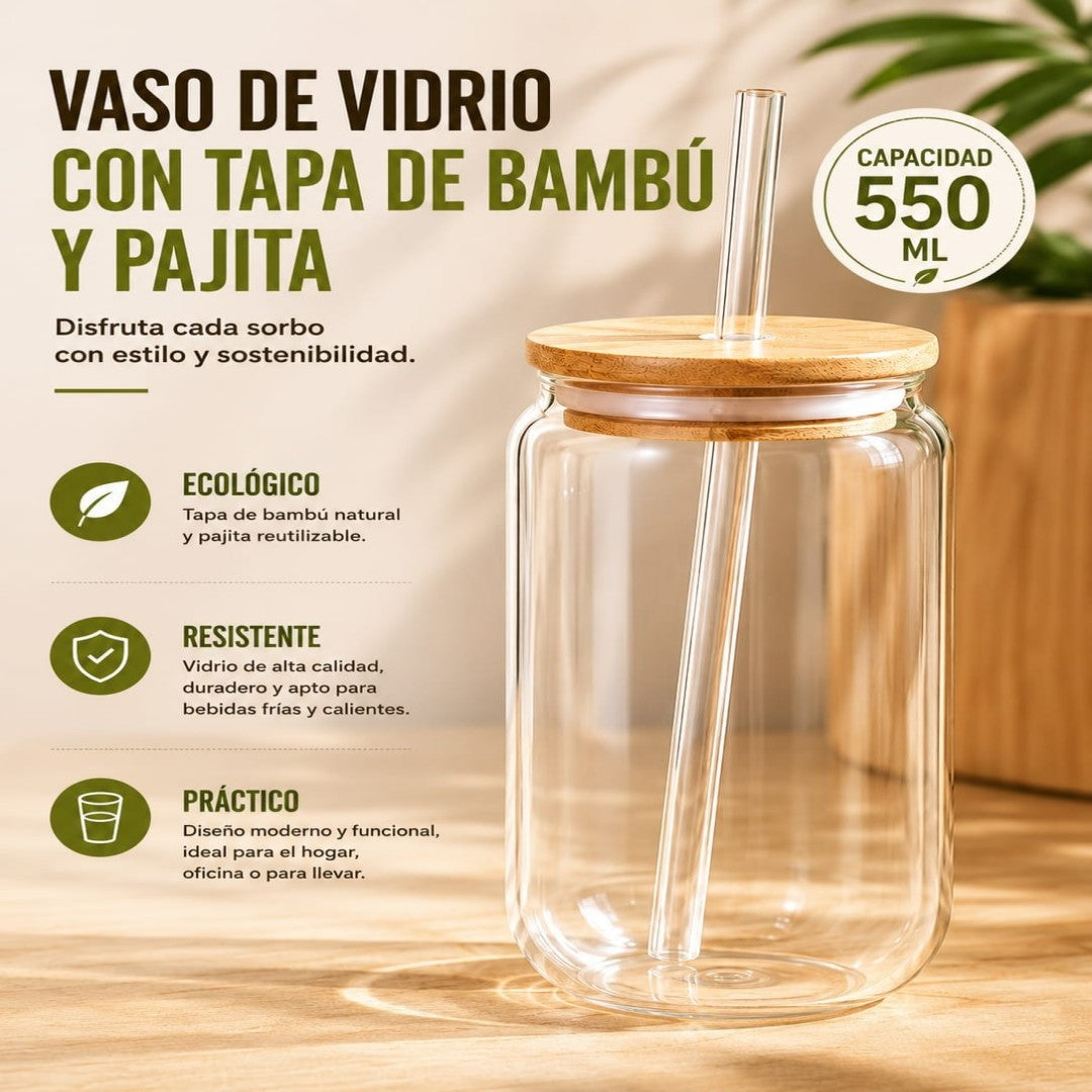 VASO DE VIDRIO CON TAPA BAMBU Y PAJILLA 550ML