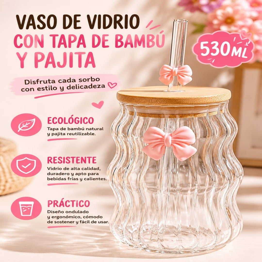 VASO DE VIDRIO CON TAPA BAMBU Y PAJILLA 530ML LAZO