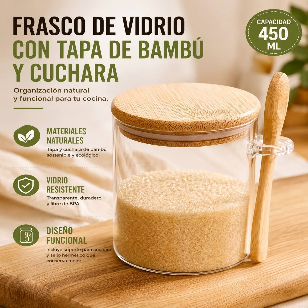 FRASCO PARA CONDIMENTOS CON TAPA Y CUCHARA BAMBU 450ML