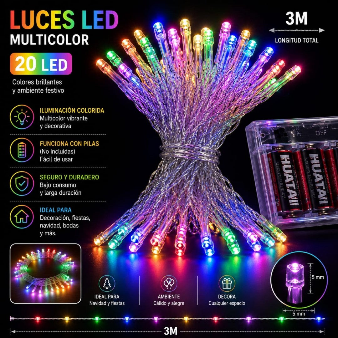 LUZ 20LED 3M 2 AA COLOR