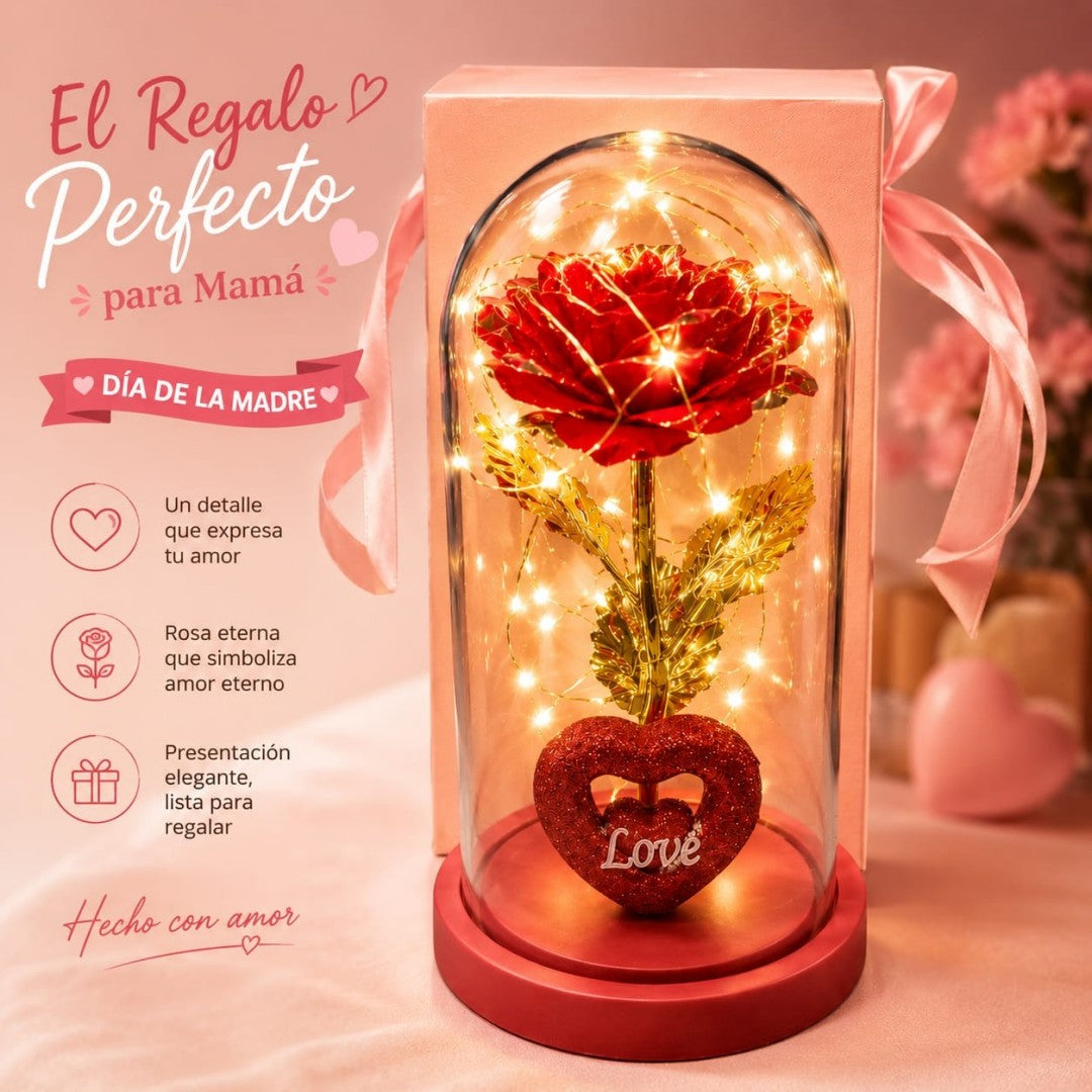 ROSA FRASCO CON LUZ LOVE DORADO