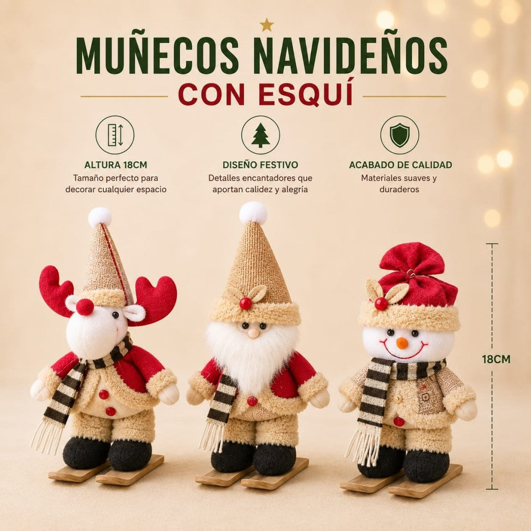 MUNECO NAVIDENO CON ESQUIS Y LUZ