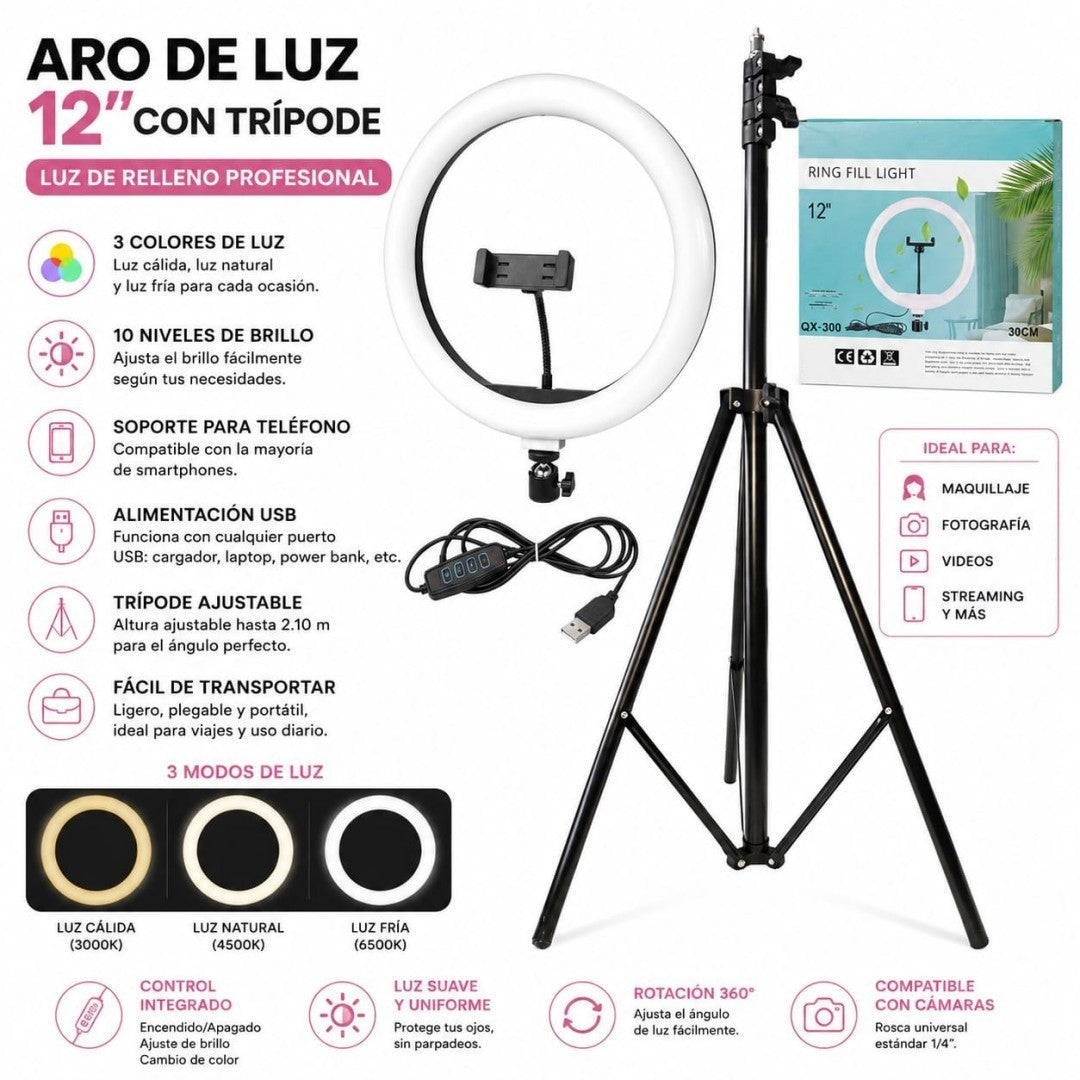 LAMPARA DE ARO CON TRIPODE 12PULG DX-300 B