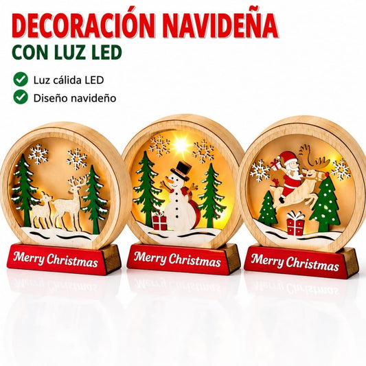 ADORNO CON LUZ MADERA NAVIDAD 12CM