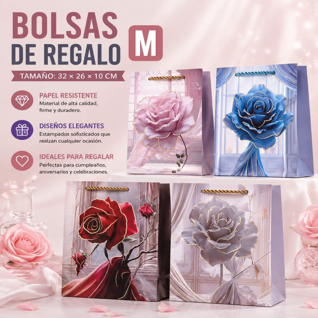 BOLSA REGALO ROSA M 32*26*10CM