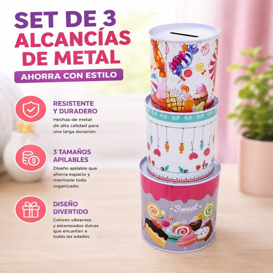 SET ALCANCIA METAL 3PCS DULCE