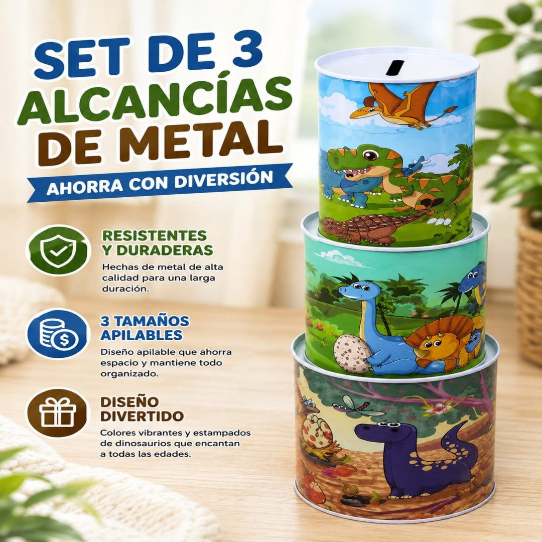 SET ALCANCIA METAL 3PCS DINO