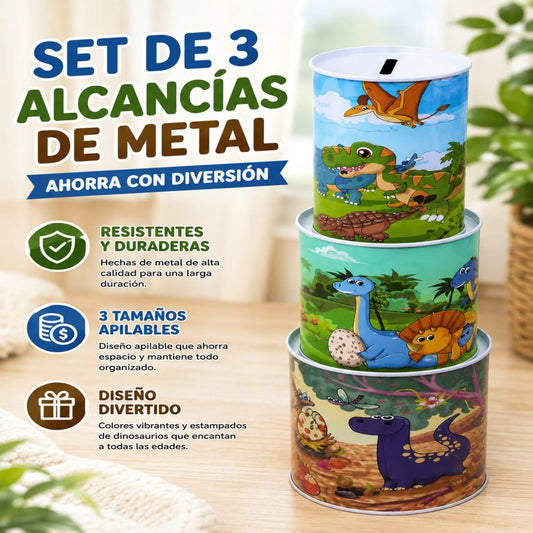 SET ALCANCIA METAL 3PCS DINO