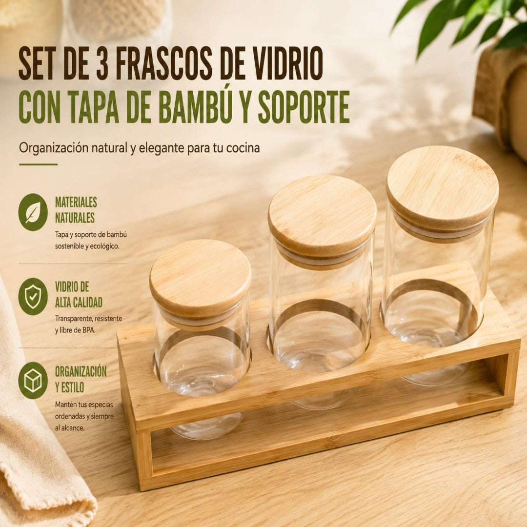 JUEGO FRASCO PARA CONDIMENTOS CON TAPA  BAMBU 3PCS