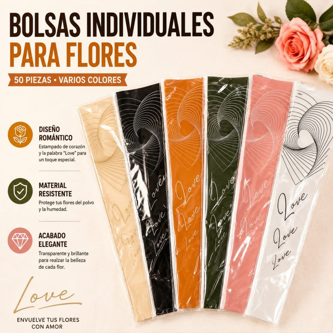 BOLSA PARA FLOR 50PCS CORAZON 3D
