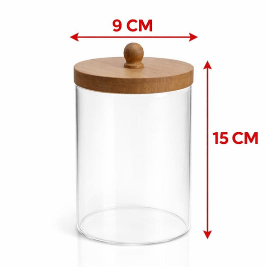FRASCO DE VIDRIO CON TAPA MADERA 9*15CM