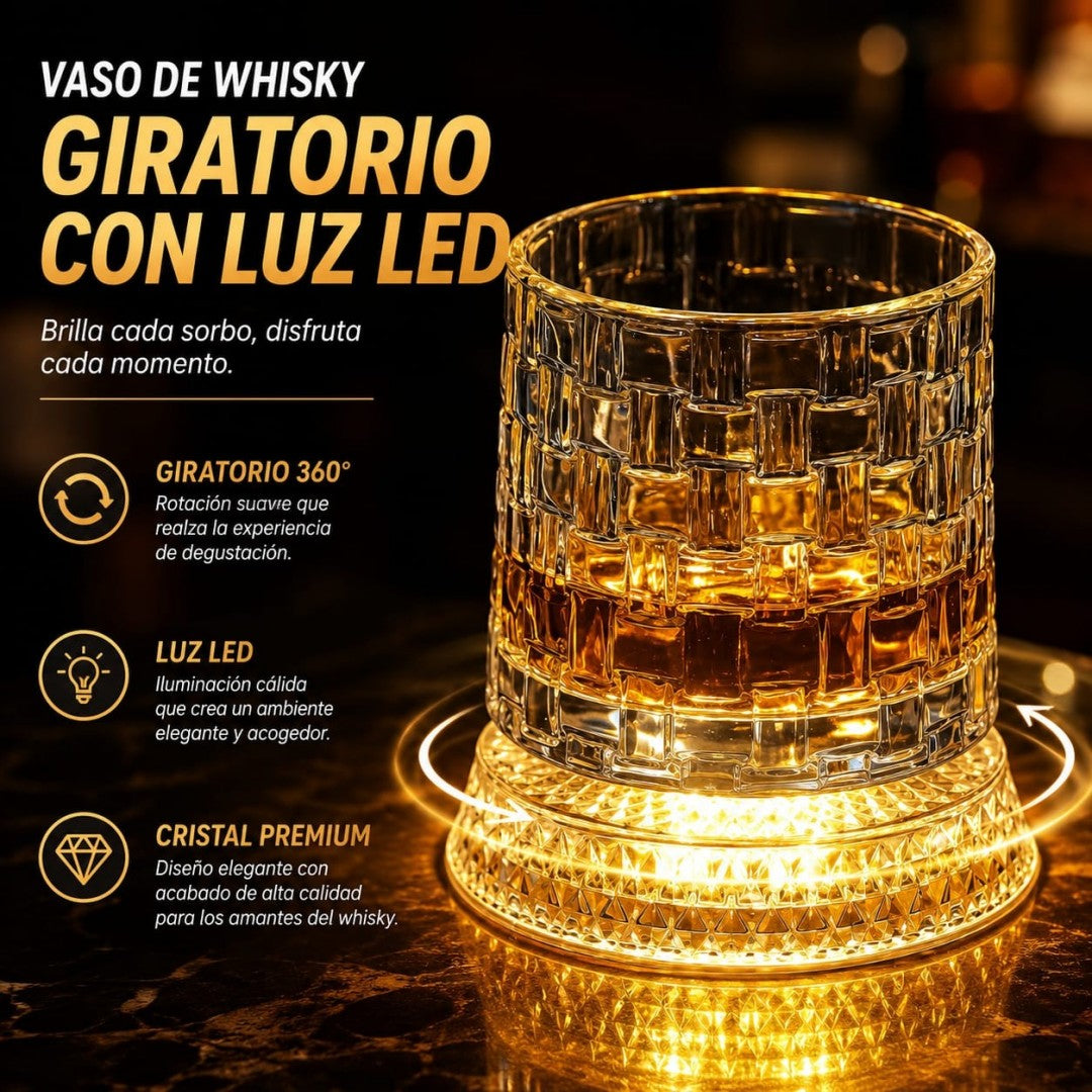 VASO DE WHISKY  CON LUZ Y GIRA 280ML