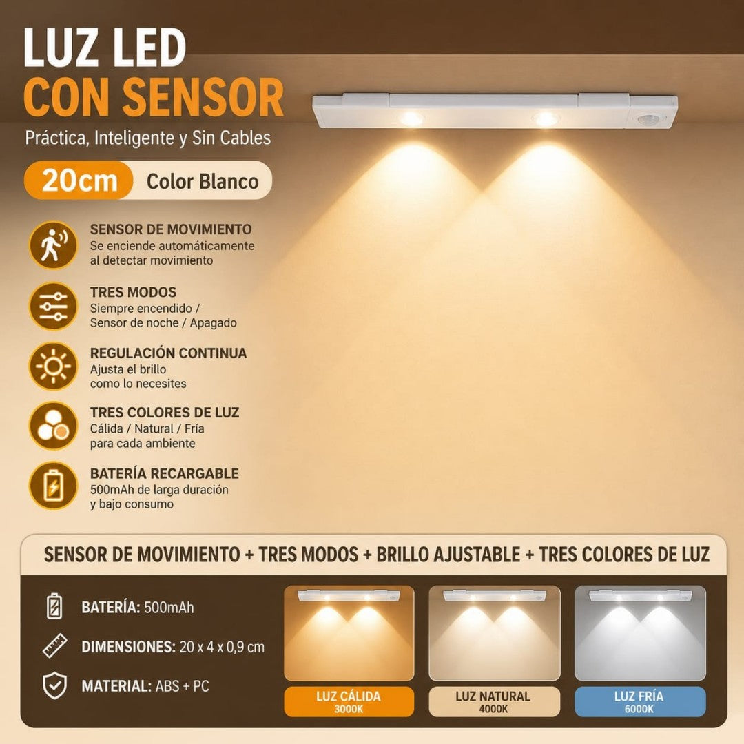 LUZ LED CON SENSOR RECARGABLE 20CM