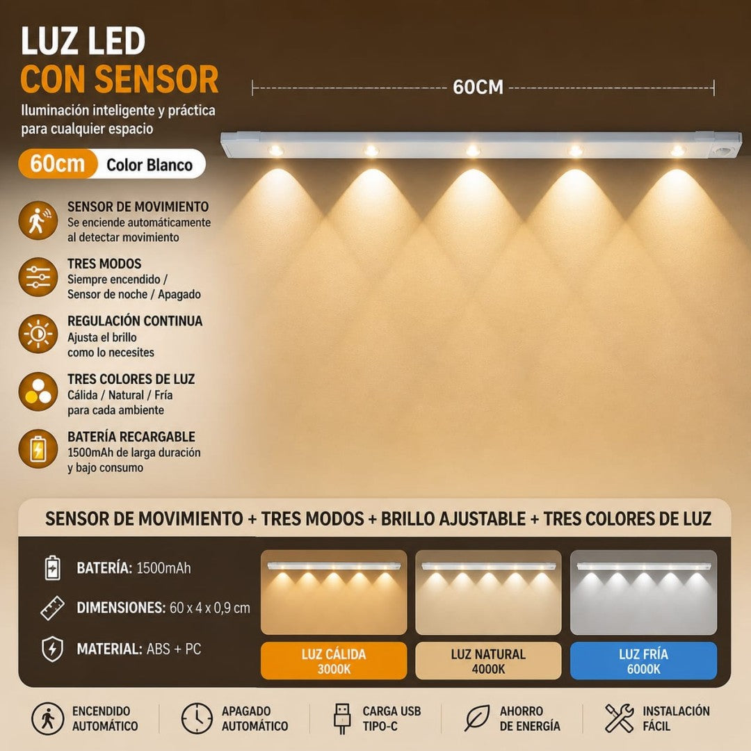LUZ LED CON SENSOR RECARGABLE 60CM