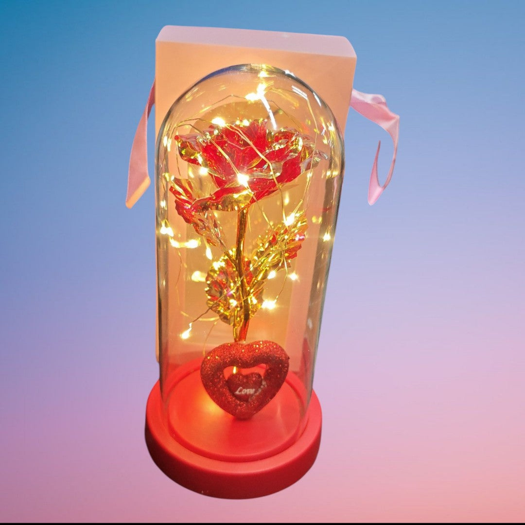 ROSA FRASCO CON LUZ LOVE DORADO